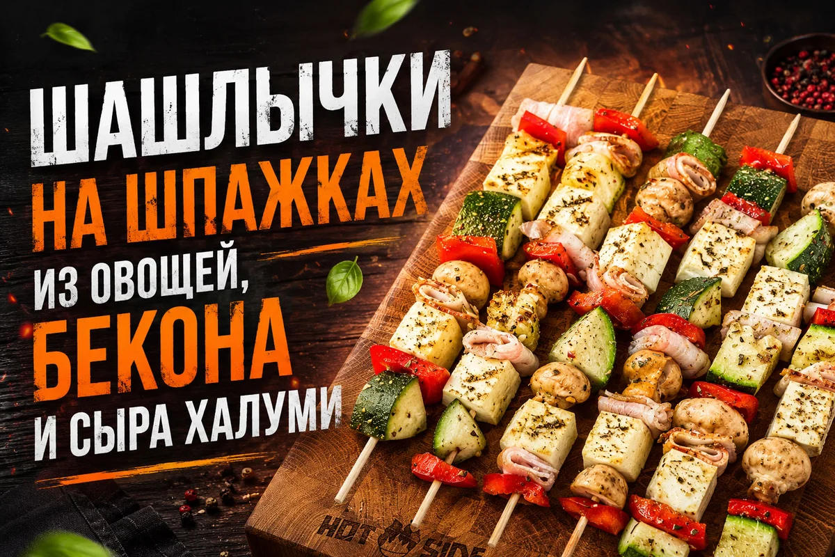 Шашлычки на шпажках из овощей, бекона и сыра халуми